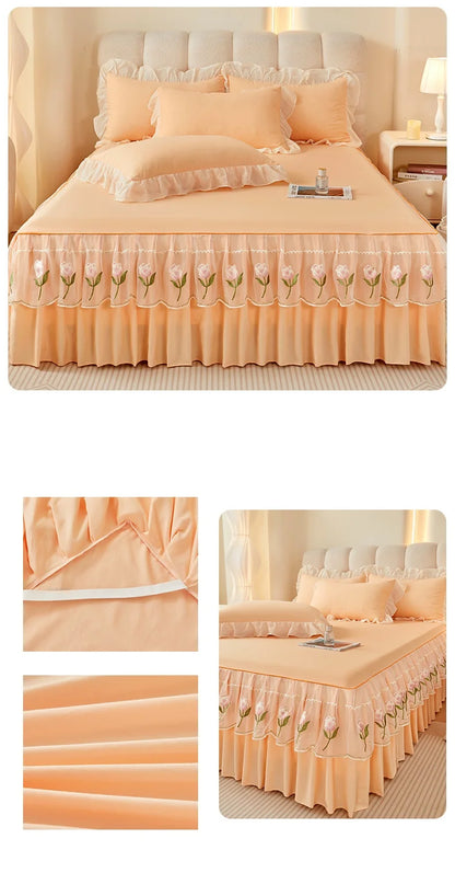 Floral Style Bed Skirt Embroidered Bed Cover Single/Queen/King Size Bed Linen Home Sheet with Skirt 침대스커트(Pillowcase Need Order).
