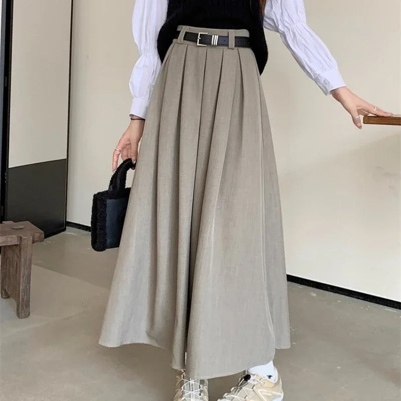 2024 New Korean Skirt Women Solid Color Versatile Mid-length Pleated Skirt Large Swing Type Skirt Female Long Skirts for Women.