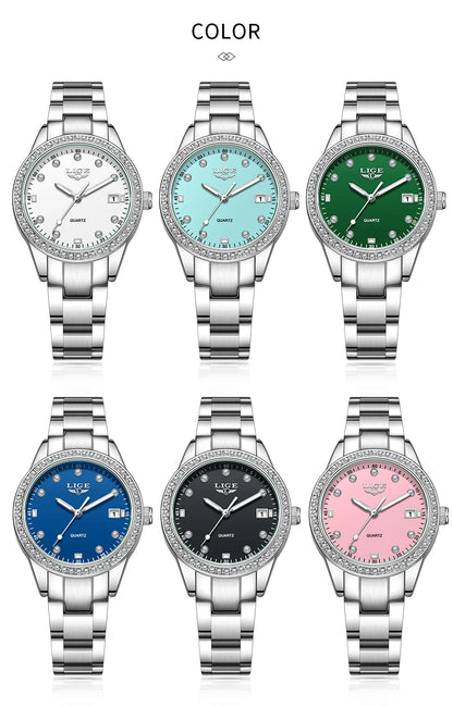 LIGE 2025 Diamond Women's Watch Fashion Elegant Quartz Wristwatches Waterproof Steel Strap Watch For Ladies Gifts Reloj Mujer.