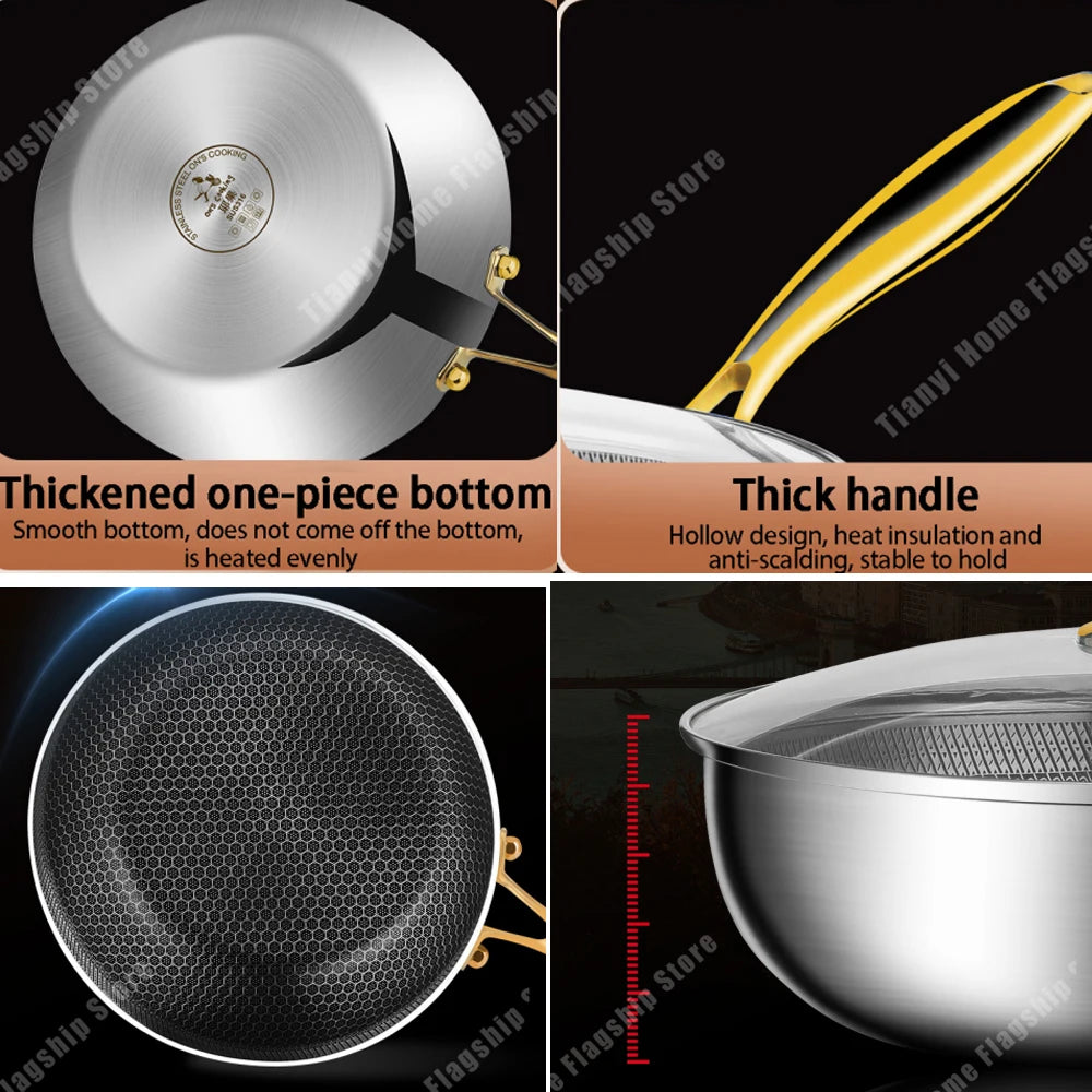 316 Stainless Steel Frying Pan Wok Non-stick Cooking Honeycomb Steak Gas Stove Pot Induction General Saucepan Kitchen Cookware.