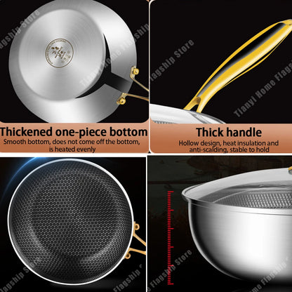 316 Stainless Steel Frying Pan Wok Non-stick Cooking Honeycomb Steak Gas Stove Pot Induction General Saucepan Kitchen Cookware.