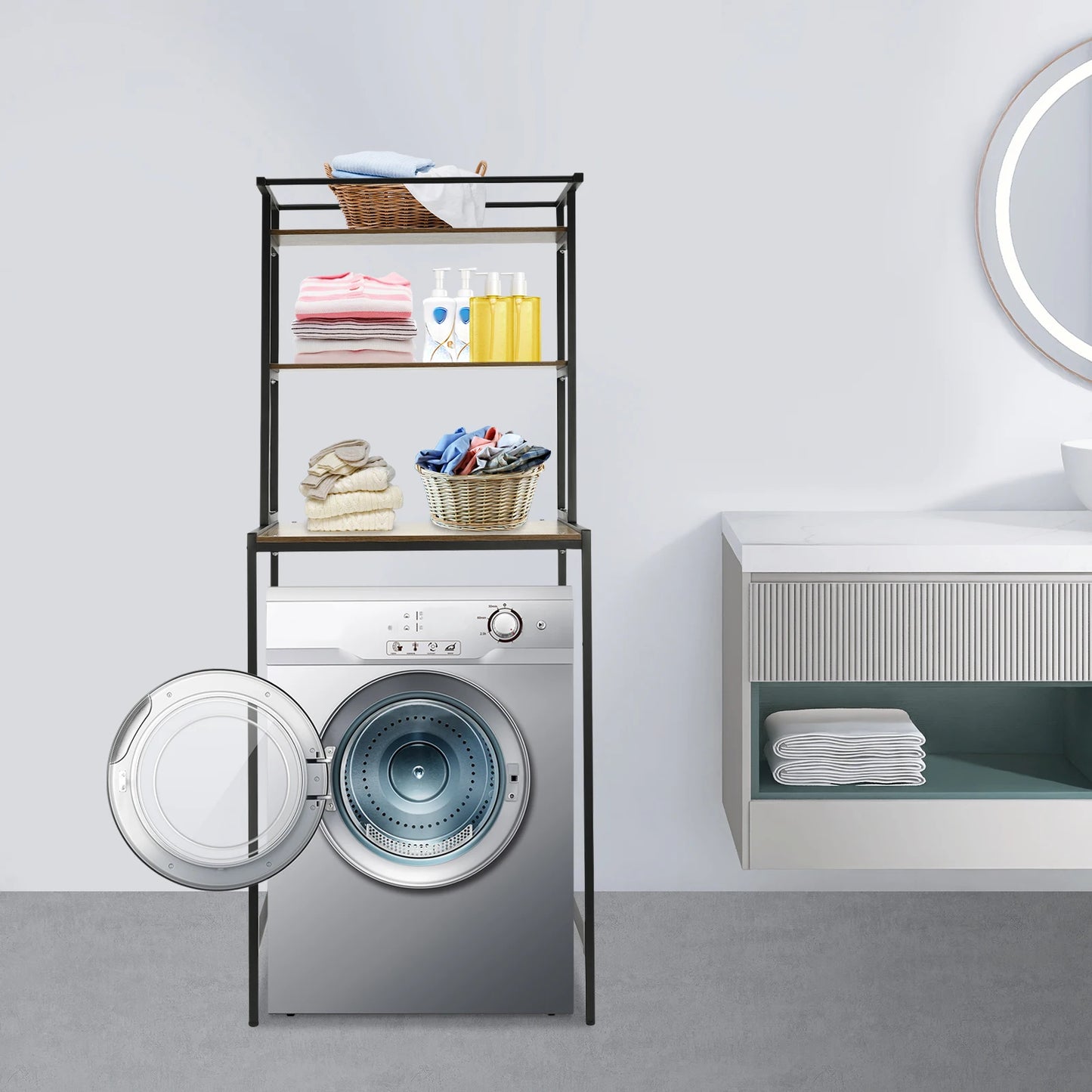 3-stufiges Aufbewahrungsregal für Waschmaschinen und Trockner, robustes Wäscheständer mit Bodenfach, Organizer-Ständer für Badezimmer, Waschküche