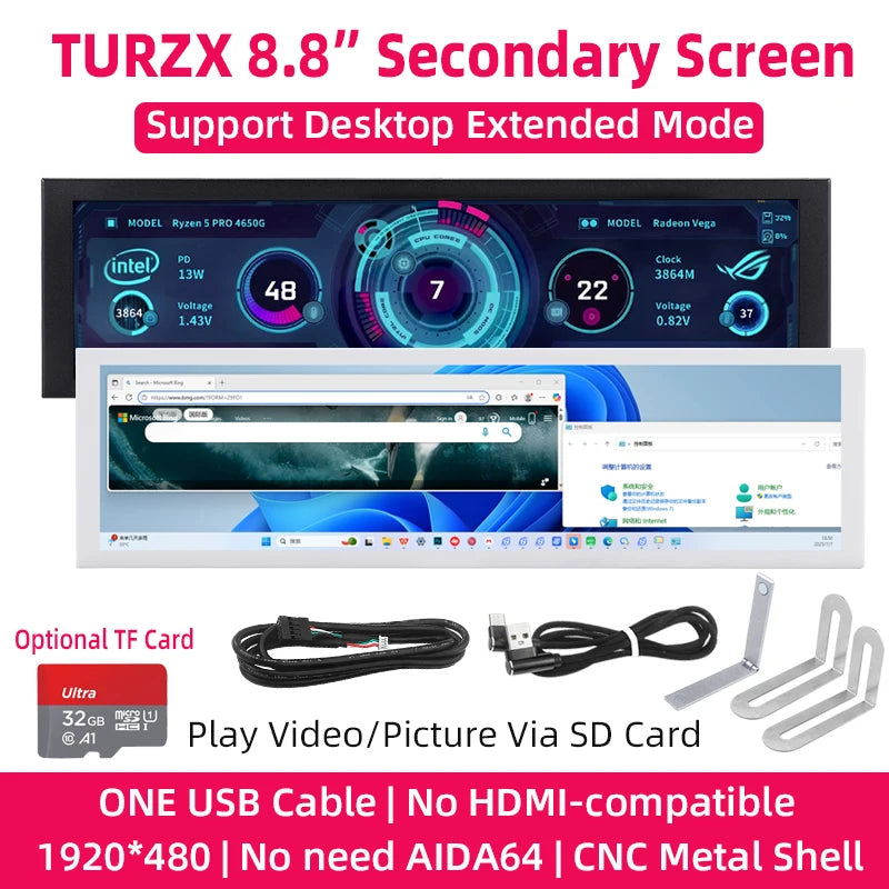 TURZX 8.8 Inch USB Secondary Screen Type-C Desktop Extended Display TF Card Play 1920*480 IPS LCD CPU RAM GPU Monitor NO AIDA64.