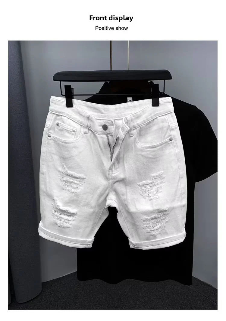 New Men's Denim Shorts Trendy Solid Color Ripped Slim Fit High Waist Elastic Waist Breathable Quick Dry Cotton Pants.