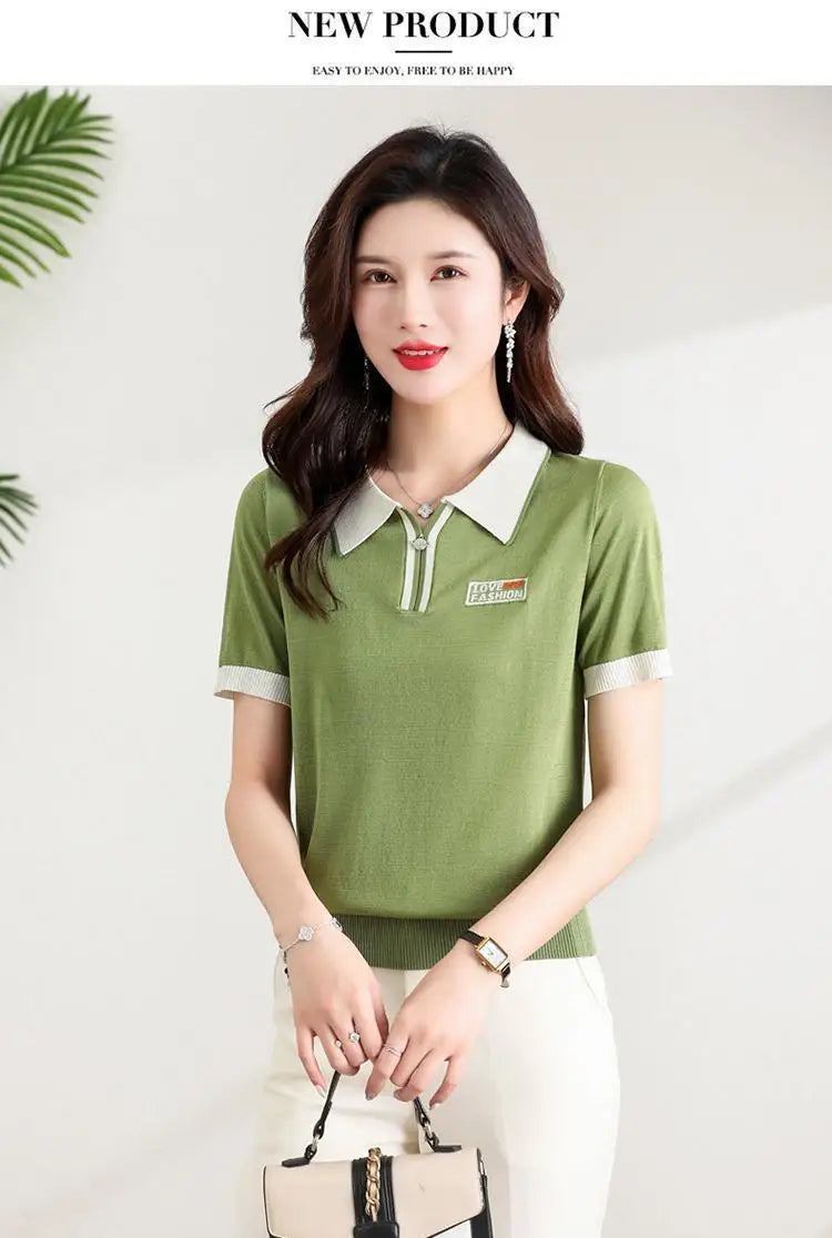 Fashionable polo collar middle-aged and elderly women's loose knitwear thin casual short-sleeved T-shirt.