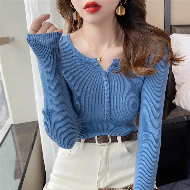 2025 frauen Solide Strick Pullover Herbst Winter Pullover V-ausschnitt Taste Langarm Schlank Pullover Koreanische Casual Basis Schicht Y2k