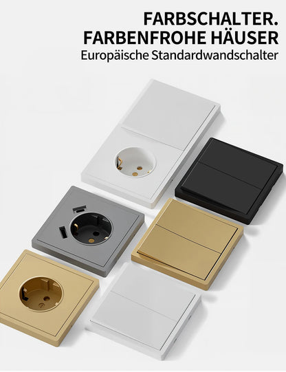 Europäische Wandsteckdose, EU-Steckdose, USB-Typ-C-Ladeanschlüsse, 1/2-Gang-Lichtschalter, 16 A 250 V, Unterputzmontage, weißes Panel, 80 x 80 mm.