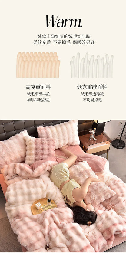 2024 new light luxury rabbit velvet four-piece set thickened warm milk velvet rabbit hair tie-dye bed sheet quilt cover.