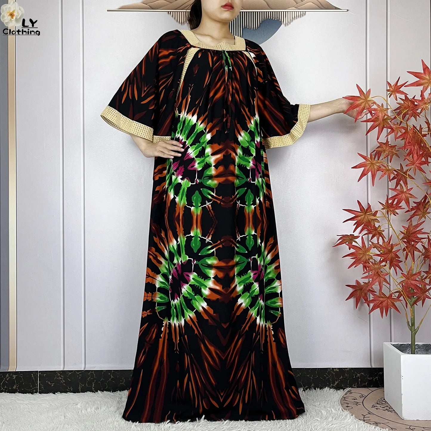 New Muslim Dress Woman Short Sleeve Dashiki African Abaya Tie-dyed Printing Cotton Loose Femme Robe Islamic Dresses With Scarf.