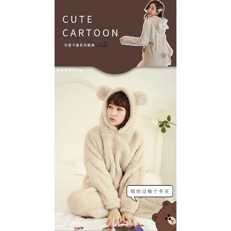 Verdickte warme Flanell Herbst und Winter Frauen Cartoon Plüsch mit Kapuze Bär Nachtwäsche Loungewear zweiteilige solide Nachtwäsche Homewe.