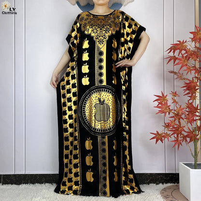 2023 New Muslim Summer Short Sleeve Robe Gold Stamping Boubou Maxi Women Femme Loose Dress With Big Scarf African Abaya Clothes