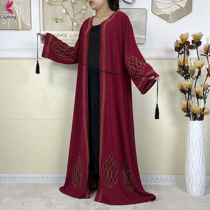 New Dubai Women Elegant Dress Diamonds Chiffon Open Abaya with Zipper Islamic Turkey Clothing Women Muslim Party Evening Dress.