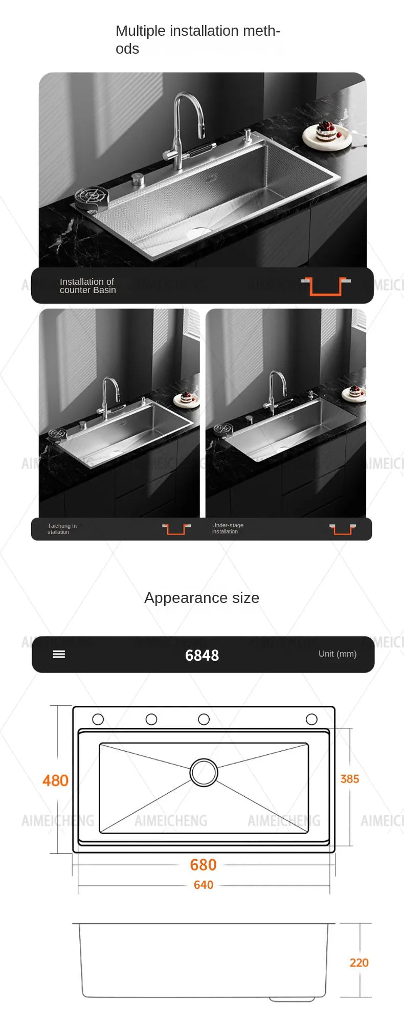 Original-Finish, spülmaschinenkompatibles SUS304-Edelstahl-Küchenspüle mit großer Einzelschüssel und Unterbau