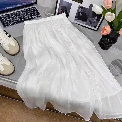 2025 Spring/Summer New Luster  A-line Women Skirt Solid Color High Waist French Paris Style Elegant Asymmetrical Skirt