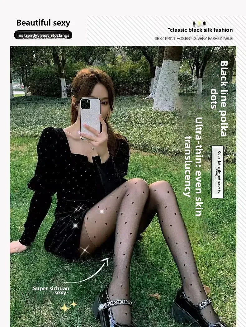 Thin Summer Black Silk Stockings Women's High Transparent Anti-Catch Wear-Resistant Polka Dot Design Comfortable Underwear.