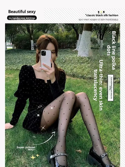 Thin Summer Black Silk Stockings Women's High Transparent Anti-Catch Wear-Resistant Polka Dot Design Comfortable Underwear.