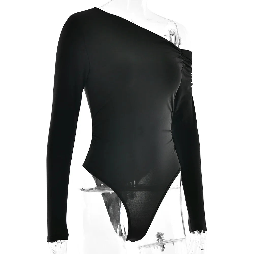 Cryptographic Fashion Solid Long Sleeve Bodysuits Elegant Outfits Slim Asymmetrical Tops Streetwear Basic One Piece Clothes.