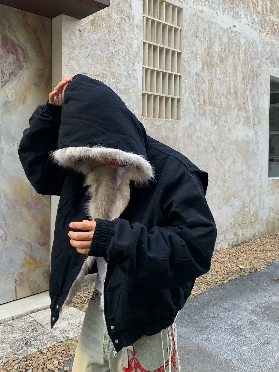 American Retro Woolen Collar Hooded Cotton Jacket Winter Thick Plush Top Men Street Hip-Hop Gothic Harajuku Oversize Jacket Coat.