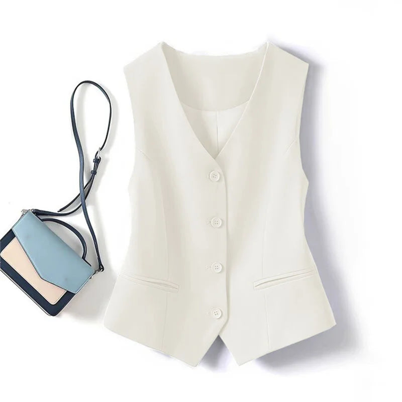 Frühling Sommer Koreanische Mode Weste 2025, Neue Frauen Kurze Mode V-ausschnitt Ärmellose Casual Blazer Weste Mäntel Weibliche Tops