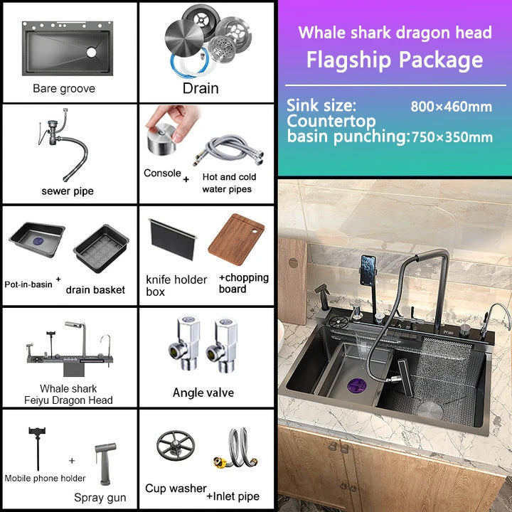 Stainless Steel Kitchen Sink Multifunctional Piano Button Waterfall Spout Faucet Digital Display Screen Dishwashing Basin