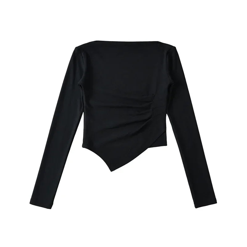 Slim Fit Long Sleeve T-Shirt Women's Shoulder Bared One-Shoulder Design Crease Asymmetrical Pure Desirable Spicy Girl Style.