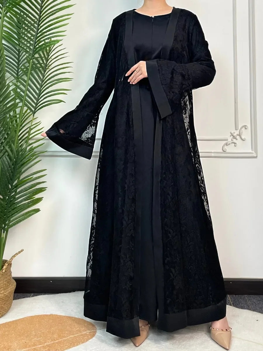 Ramadan Eid Prayer Lace Abaya 2 Piece Set Inner Dress Women Flare Sleeve Long Abayas Kaftan Djellaba Dubai Party Vestidos 2024.