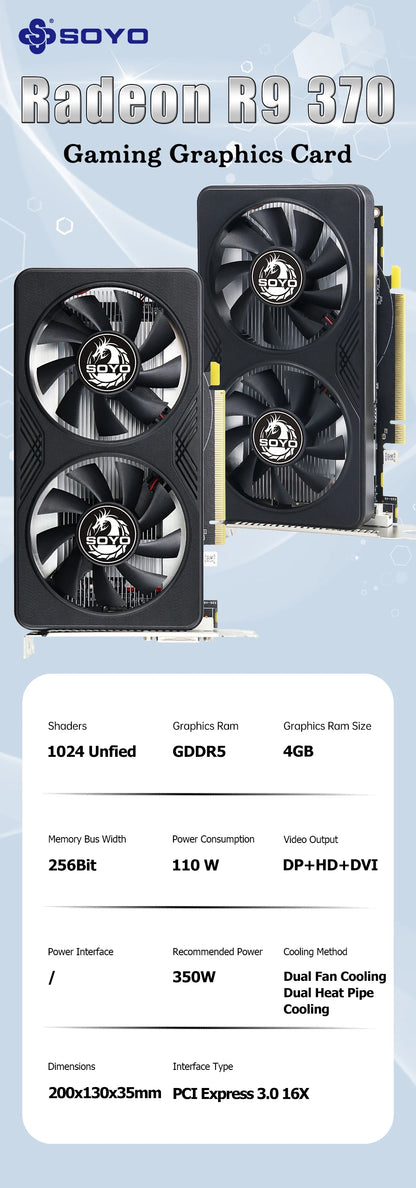SOYO R9 370 Graphics Cards 4G DDR5 256bit HDMI compatibility+DP+DVI For Desktop Gaming Computer Components GPU Video Card.