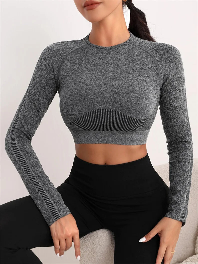 Woman Sports Workout Yoga Top Knitted Shirt Seamless Athletic Crop Top  Long Sleeve Workout Tops for Women Fashion Gym Clothes.