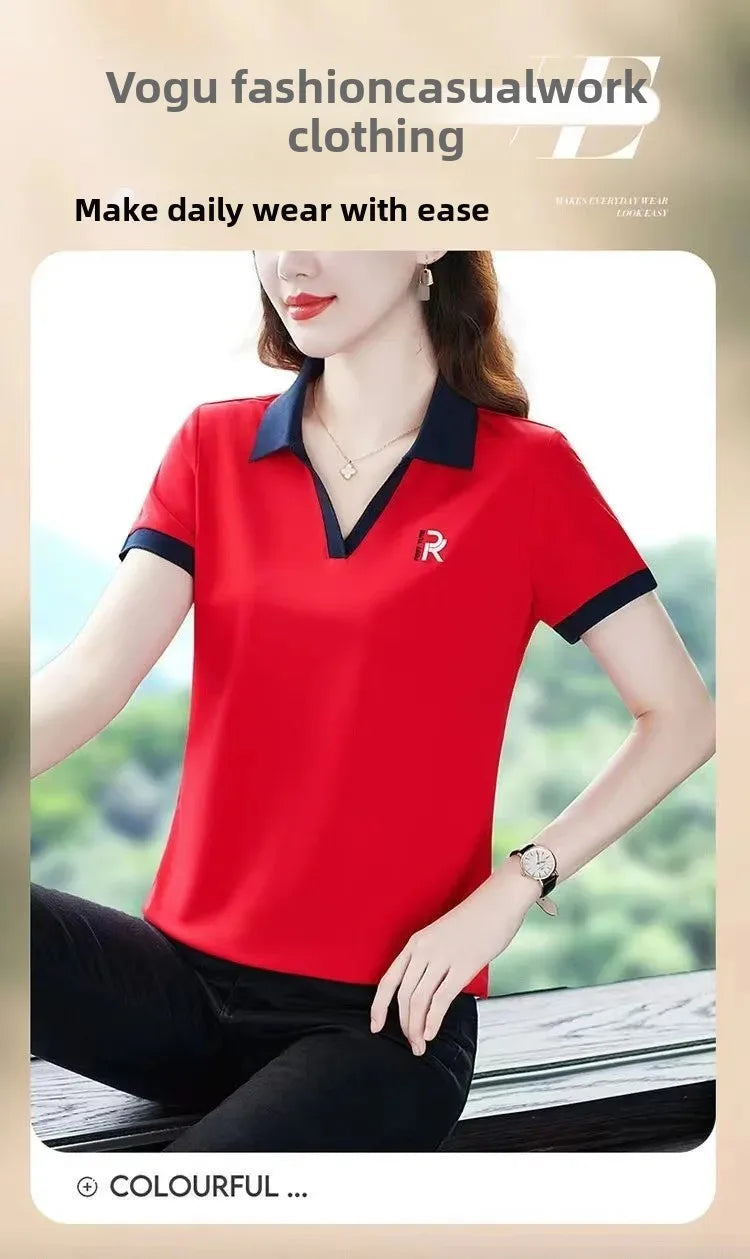 Loose Fit Casual Short Sleeve Turn-down Collar T-shirt for Middle-aged Women Summer New Style plus Size Sportswear Top.