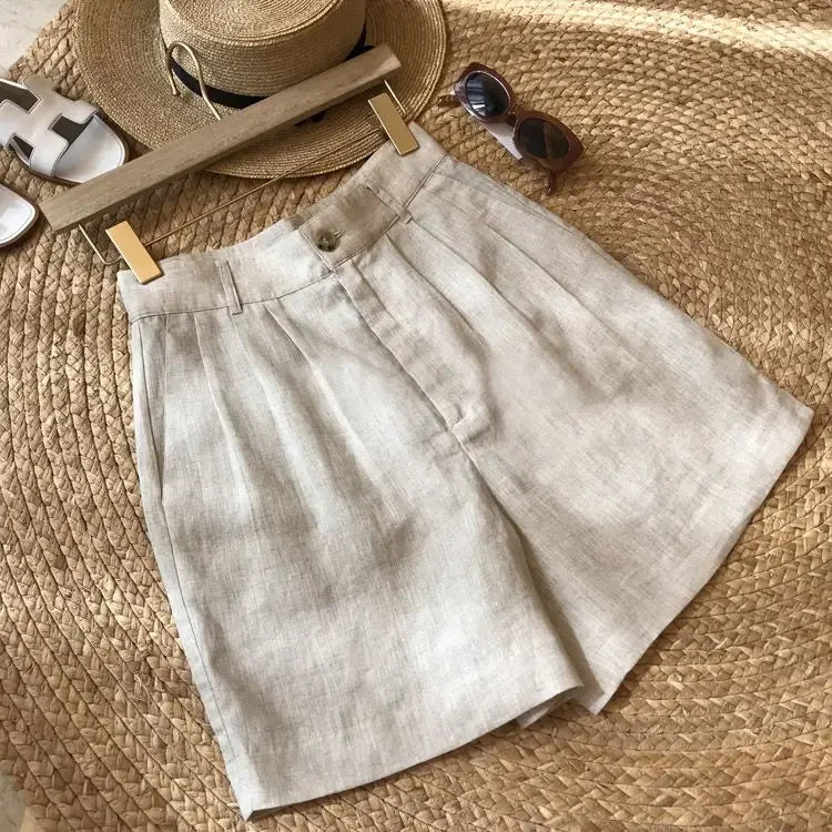 Korean Office Lady Summer Women's Solid Color Linen Zipper Pockets Fashion Casual Loose High Waist A-line Wide Leg Shorts.