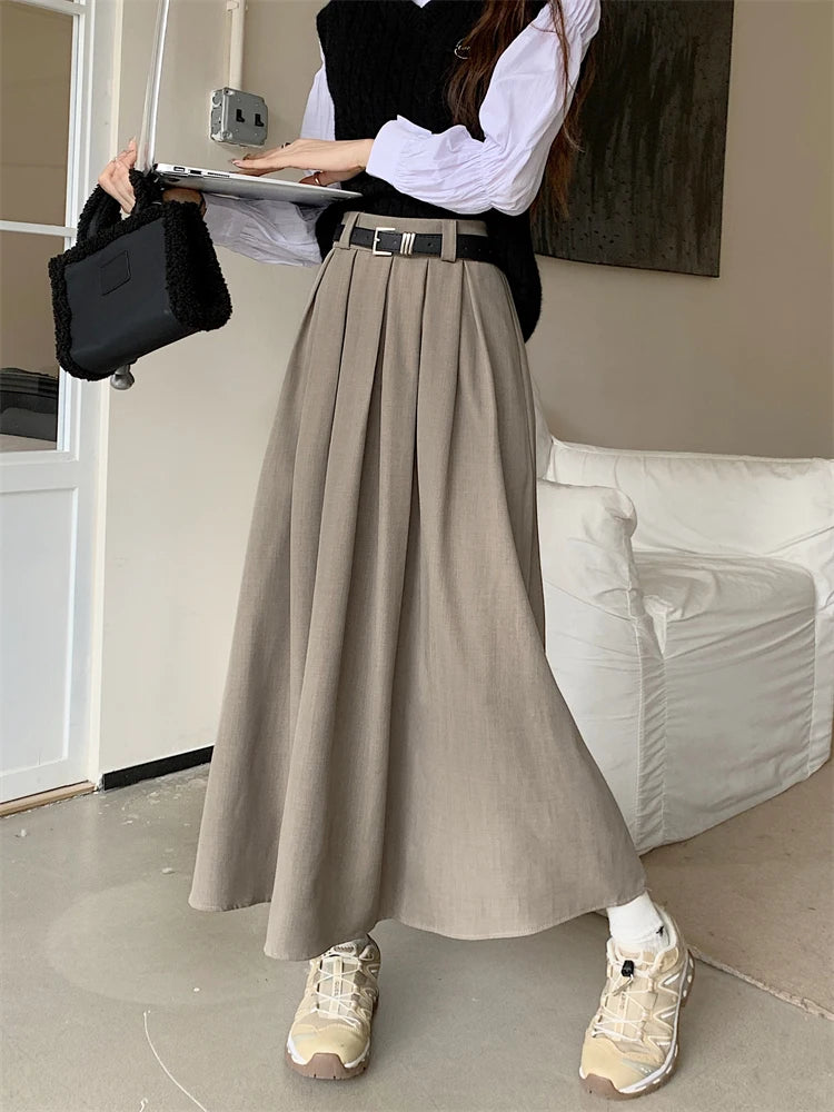 2024 New Korean Skirt Women Solid Color Versatile Mid-length Pleated Skirt Large Swing Type Skirt Female Long Skirts for Women.