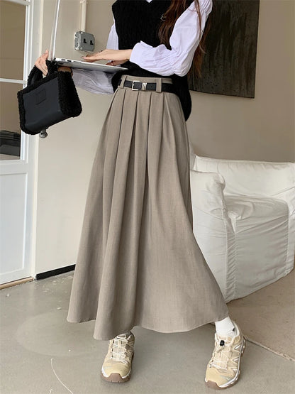 2024 New Korean Skirt Women Solid Color Versatile Mid-length Pleated Skirt Large Swing Type Skirt Female Long Skirts for Women.