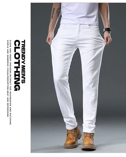 2025 Autumn Men's White Slim Fit Straight Jeans Casual Stretch Denim Pants Comfortable Fashion Streetwear Male Brand Clothing.