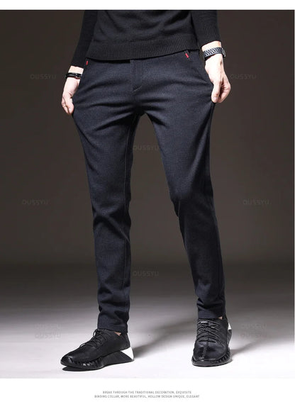 Autumn Winter Men's Brushed Fabric Casual Pants Business Fashion Slim Fit Stretch Thick Gray Blue Black Cotton Trousers Male.