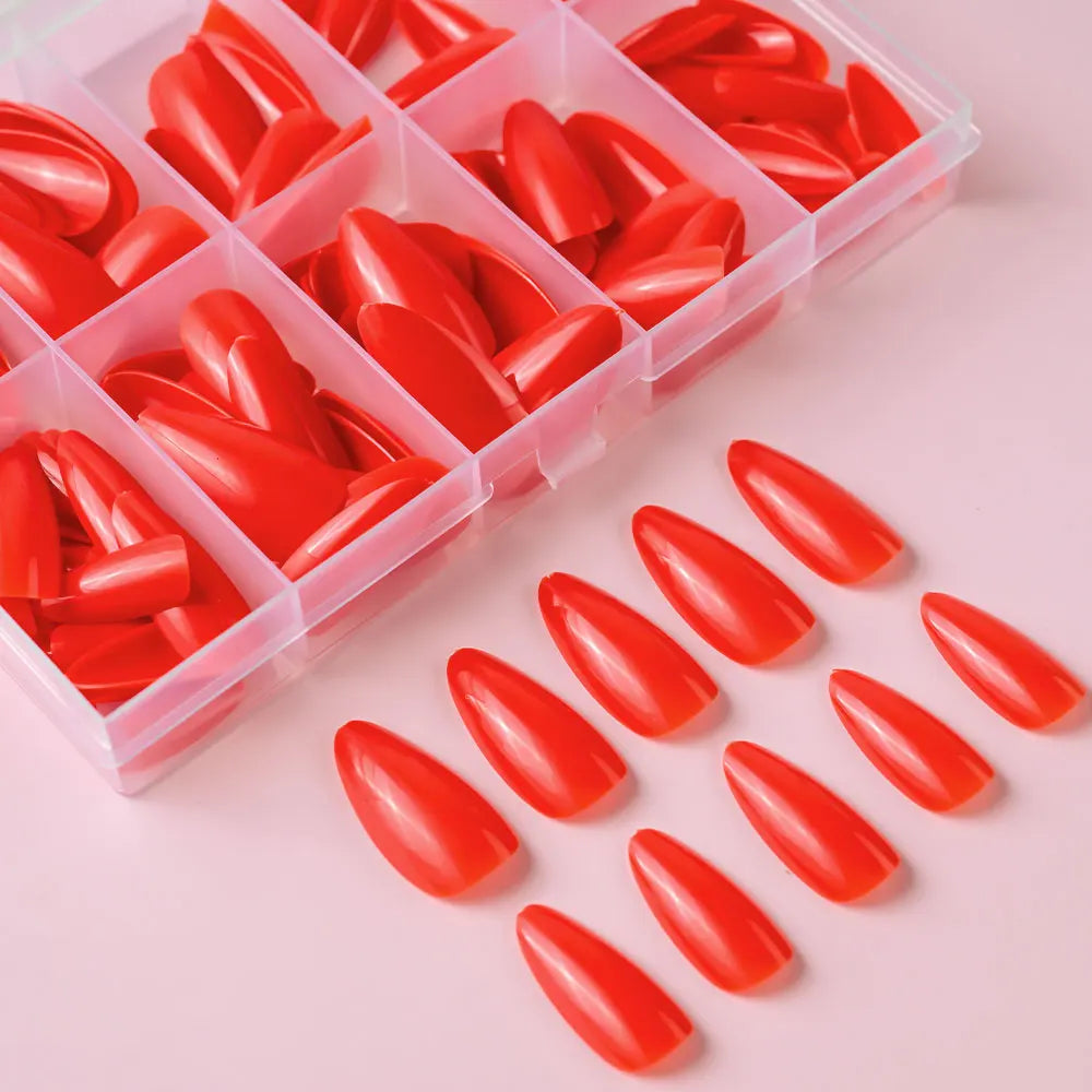 120pcs/box Red White Glossy Acrylic Medium Almond False Nails Solid Color Press-On Nails 12 Sizes Almond Artificial Fake Nails.
