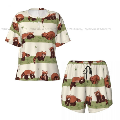 Damen-Pyjama mit kurzen Ärmeln, süßer roter Panda, 2-teilig, für Damen, Sommer-Nachtwäsche, Nachtwäsche, Homewear.