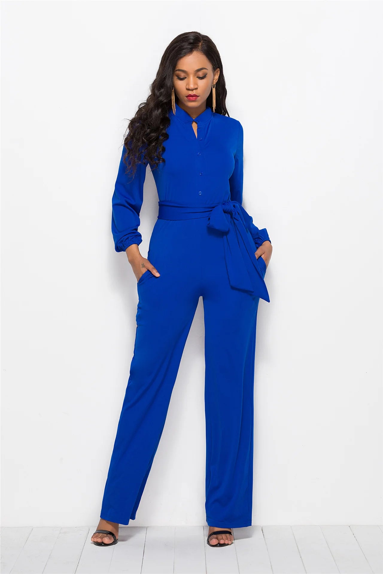 Temperament Solid Color Slim Jumpsuits Women Fashion Long Sleeve Buttons High Waist Leace-up Jumpsuit Ladies Commuting Clothing.