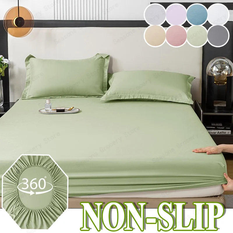 1Pc Fitted Bed Sheet With Elastic Band Solid Color Anti-slip Adjustable Mattress Cover for Single Double (No Pillowcase）.