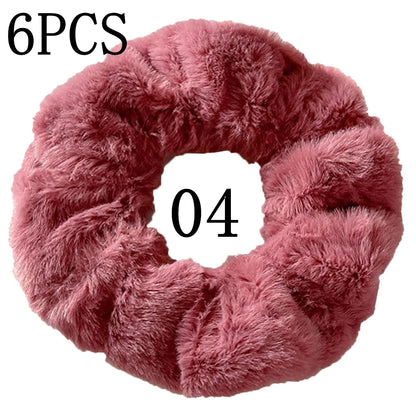 6pc Hair Scrunchies Furry Elastic Band Women Girl Ponytail Holder Rubber Ties Accessories Plush Faux Fur Soft Chiffon Headband