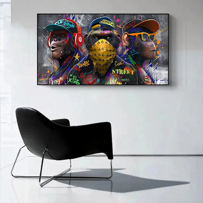 Graffiti Three monkey Wall Art Poster Animal Pop Mural Modern Home Decor Canvas Painting Picture Prints Living Room Decoration.