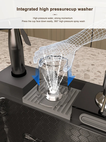 Edelstahl-Wasserfall-Küchenspüle, extra groß, Einzelschlitz, Digitalanzeige, Wasserhahn-Set, Tassenwaschbecken, Waschbecken, 100 x 50 cm