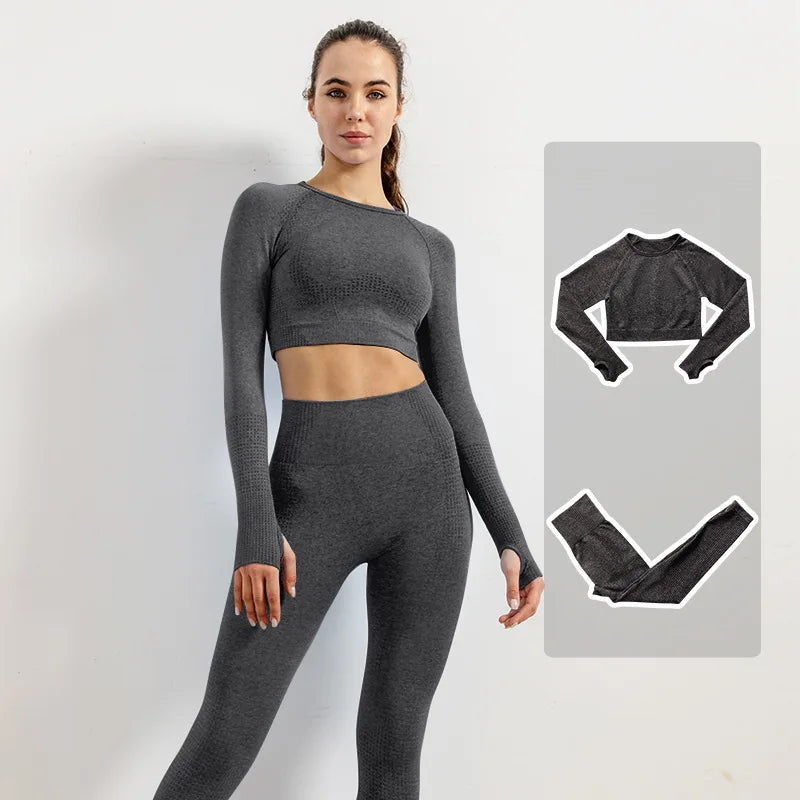 Women Vital Seamless Yoga Fitness Clothing Set High Waist Gym Leggings Crop Tops Sports Tracksuit Plush Up Sports Outfits