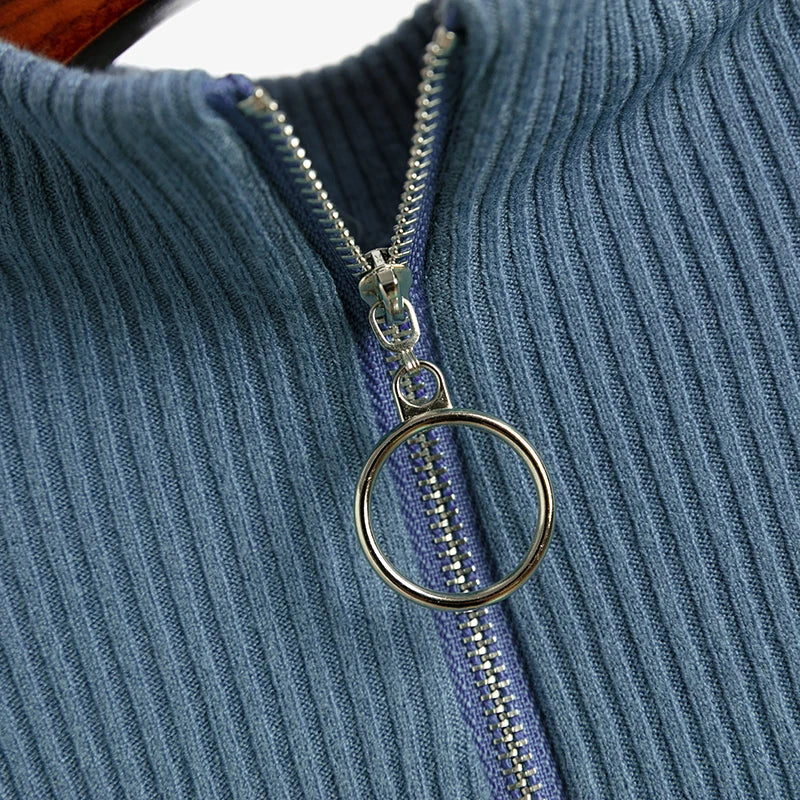 Frauen Fashion Solid Strick Pullover Vintage Langarm Zip-up Grundlegende Hälfte Rollkragenpullover Weibliche Pullover Chic Casual Tops.