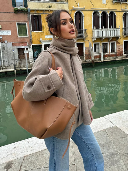 Women Fashion Brown Scarf Coat Jacket Loose Long Sleeve Single Breasted Pocket Jacket Fall/Winter Casual Wool Blend Jacket.