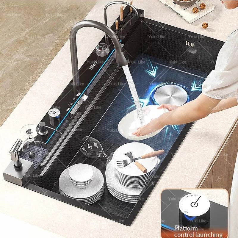 Edelstahl-Wasserfall-Küchenspüle, Digitalanzeige, Wasserhahn-Set, geprägt, extra groß, Einzelschlitz, mehrere Spülmaschinen