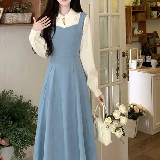 Solide Patchwork Vierkant hals Langarm gefälschte zweiteilige Kleider elegante Mode Harajuku weibliche Kleidung lässig alle Match Rock.