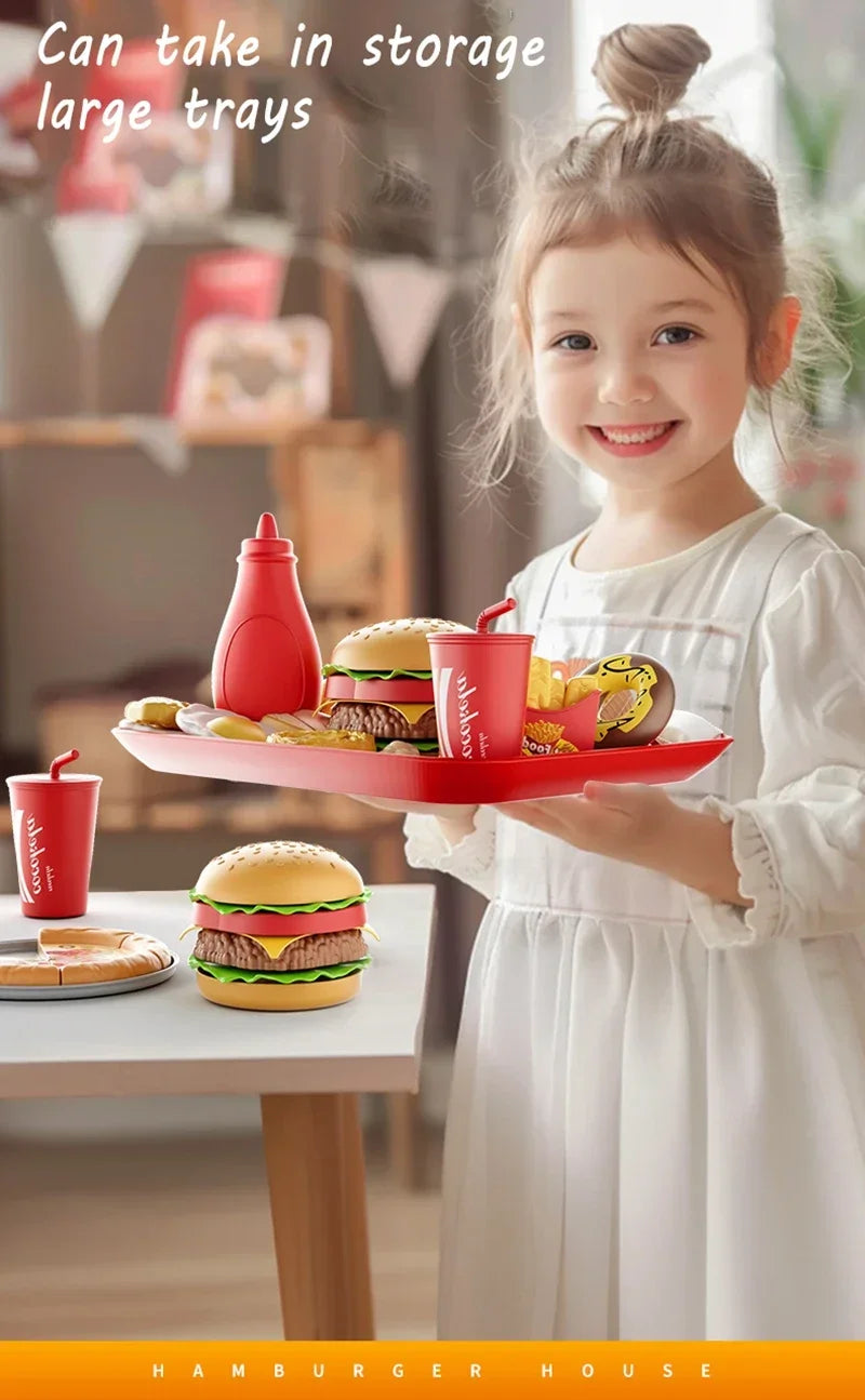 Kid Kitchen Toy Set Simulation Make Hamburger Pizza Fries Pretend Play Food Cooking Cutting Game Montessori Interactive Toy Gift.