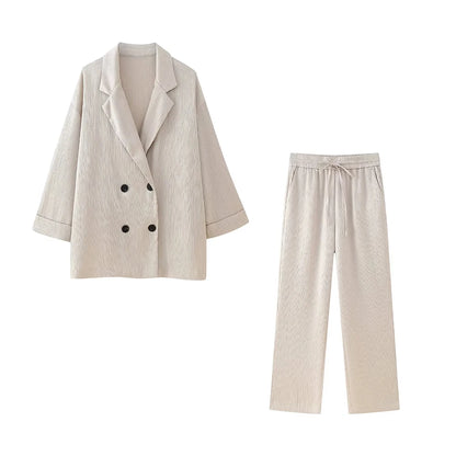 Women's Double-Breasted Loose Blazer Coat and High Elastic Waist Wide Leg Pants, Female Two Piece Sets, Fashion.