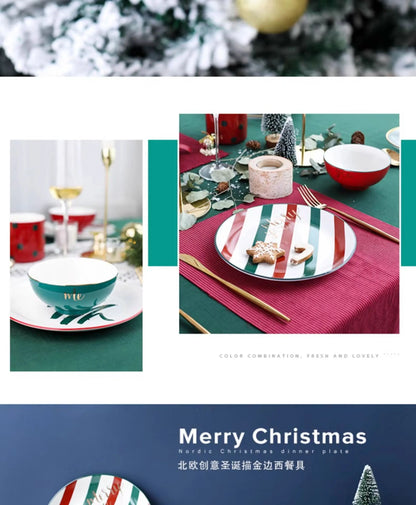 1pc Merry Christmas Ceramic Dinner Dish Plate Set Mug Dessert Cake Pastry Fruit Serving Plate Decorative Tableware.