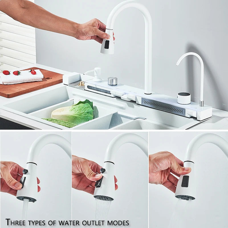 Multifunktionaler digitaler fliegender Regenhahn, weiß, doppelter Wasserfall, Edelstahl-Waschbecken, Küchenspüle, geprägt, großer Einzelschlitz
